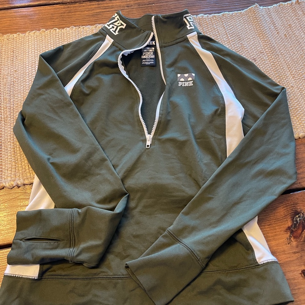 PINK Victoria's Secret Olive Green Athletic Top with White Logo Trim